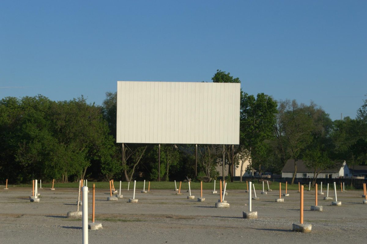 One of the screens at Tibbs Drive-In before the start of movie showings on May 11