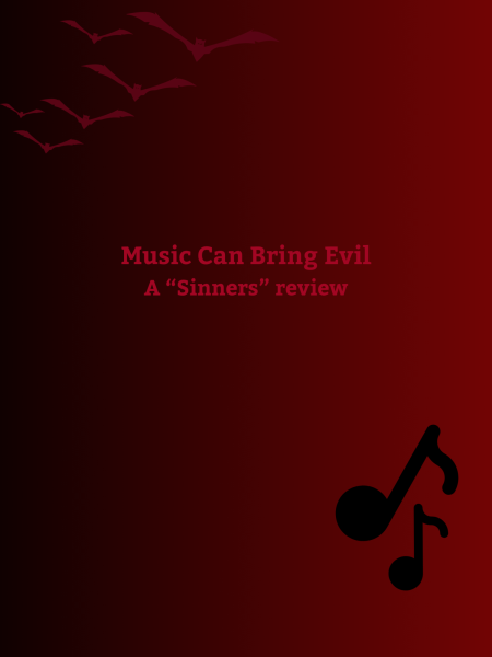 A graphic showing birds and music notes on a dark background for a review of the movie "Sinners"