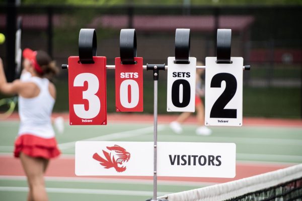 Scoreboard showing the points for a match between the Fishers Tigers and the Noblesville Millers on May 2, 2025. Photo courtesy of Luis Alayon