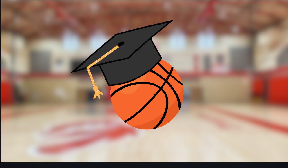 A basketball wearing a grad cap with a blurred Fishers High School gymnasium on Feb. Graphic by Evelyn Rose.  