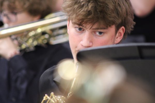 Junior Truman Collier plays the Bari saxophone. “I love the type of music,” Vaughn said. “I think it is a great way for people to express themselves through music and there are so many types of jazz to where everyone can find their thing inside of the genre.” Photo courtesy of Audrey Lieurance.
