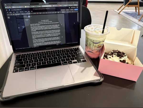 The picture captured a table with an open laptop displaying “The mundane manifesto”, layered rose-matcha drink and frosted cookies and cream cheesecake in a pink box at a cafe in Fishers on May 8. Photo by of Razan Nouk.